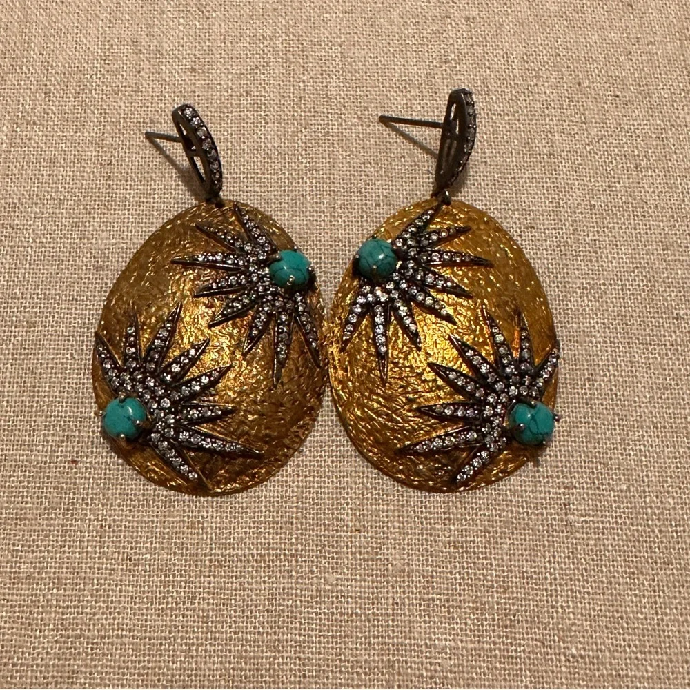 Kanupriya | Earrings | Kanupriya Turquoise & CZ Starburst Oval Earrings - Picture 5 of 5